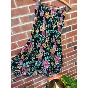 Elementz Black Floral Midi Skirt with Pink, Yellow & Green Print